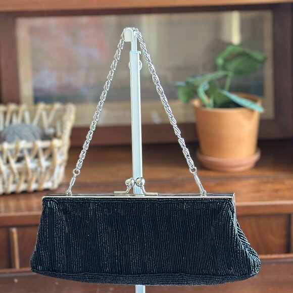 Vintage-Inspired Black Beaded Evening Clutch with Silver Kiss-Lock Closure - Picture 1 of 3